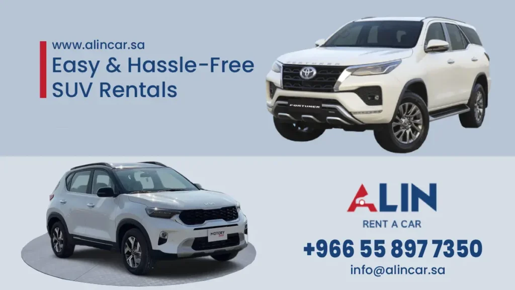 Toyota Fortuner and Kia Sonet available for corporate and long-term rentals in Jeddah at Alin Car.